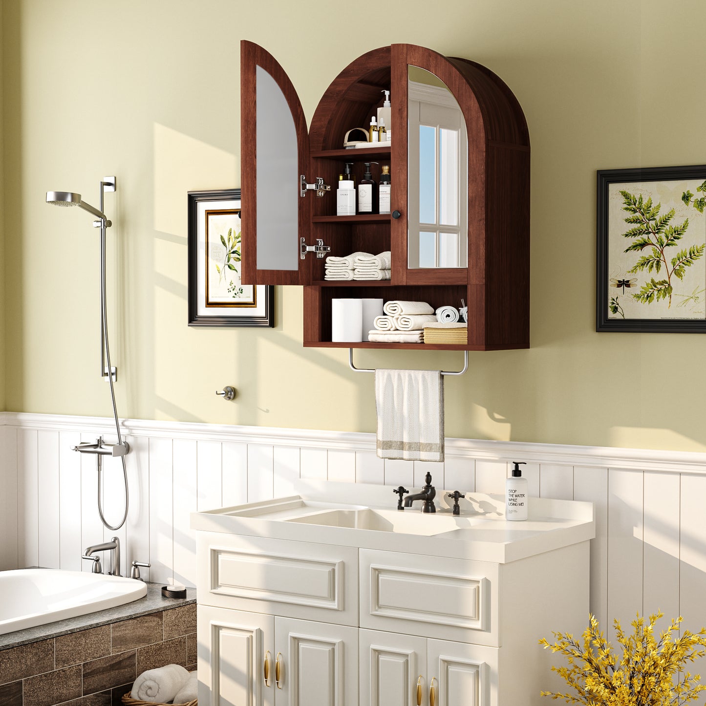 Wall Mounted Arched Cabinet With Mirrored Doors And Adjustable Shelves For Laundry Room, Bathroom, Kitchen