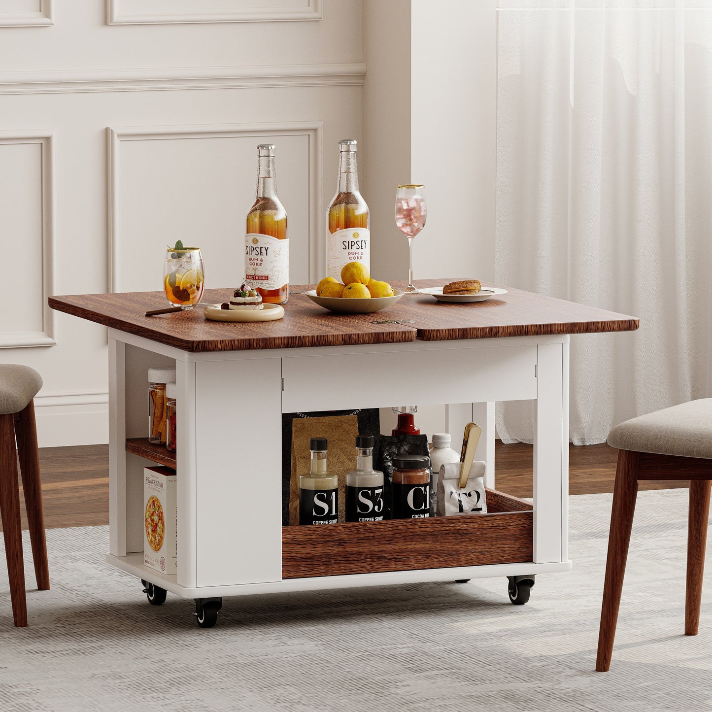 27.6 Modern Multi-Function Coffee Table Side Table With Foldable Top & Casters, Multi-tier Storage, White & Walnut