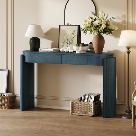 TREXM Entryway Table With Natural Wood Grain Finish Console Table With Fluted Design Oval Top And 2 Drawers For Entryway And Living Room Navy