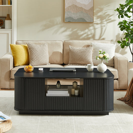 46.5 Modern Luxury Oval Coffee Table With Drawers And Storage Compartments, Curved Contour Design, Living Room Center Coffee Table, Suitable For Living Rooms And Offices, Black, 46.5 Lx27.2 Wx17.7 H