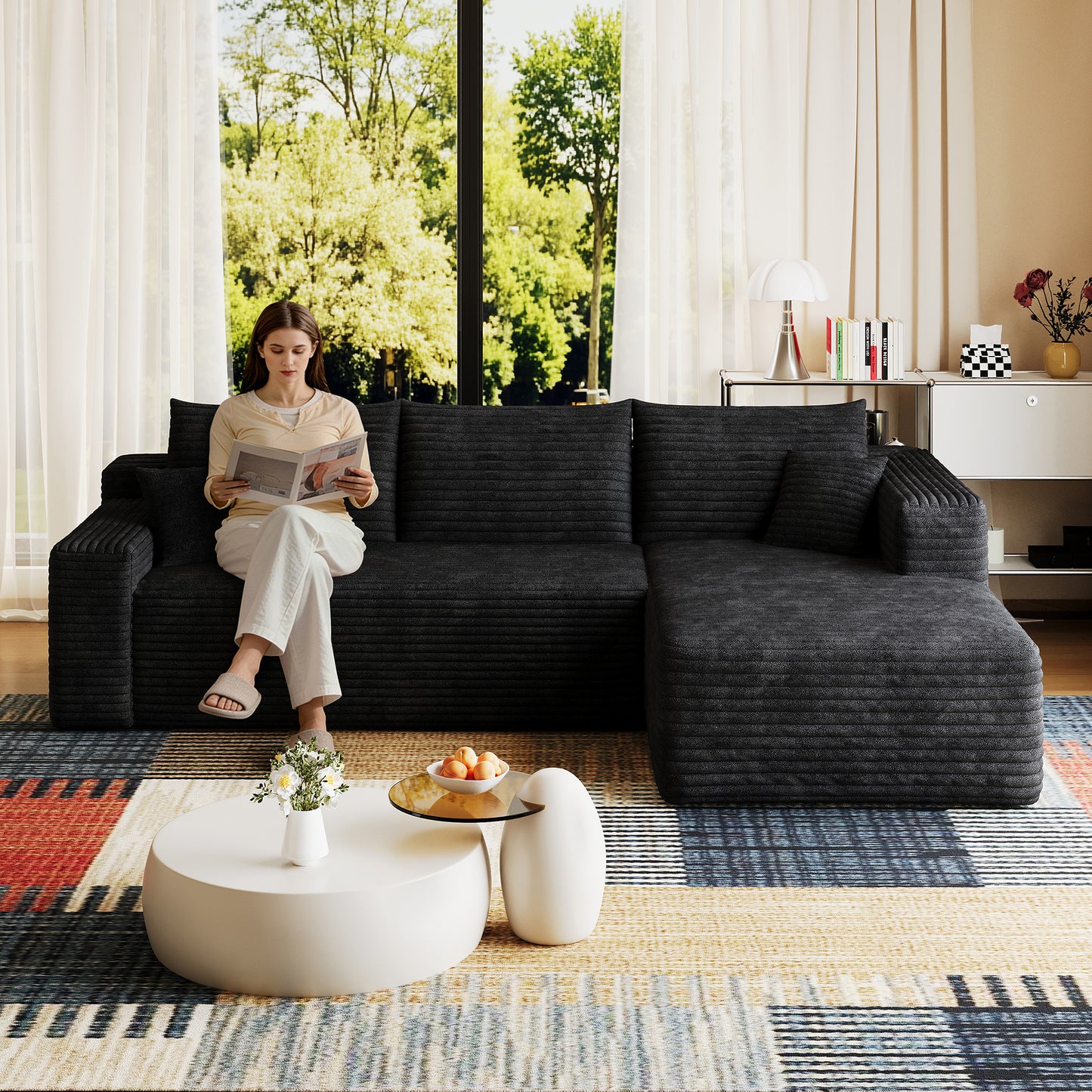 95 Cloud Sectional Sofa,Modern Minimalist Upholstered Couches, Comfort U Shaped Sofa For Living Room,Deep Seat Corner Couch,No Assembly Required,Black Plush Corduroy Fabric