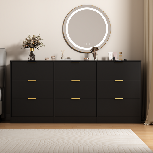 Black 9 Drawer Dresser, 63 Large Deep Chest Of Drawers, Wooden Dresser Storage Cabinet With 9 Drawers For Bedroom, Long Dressers For Living Room, Hallway