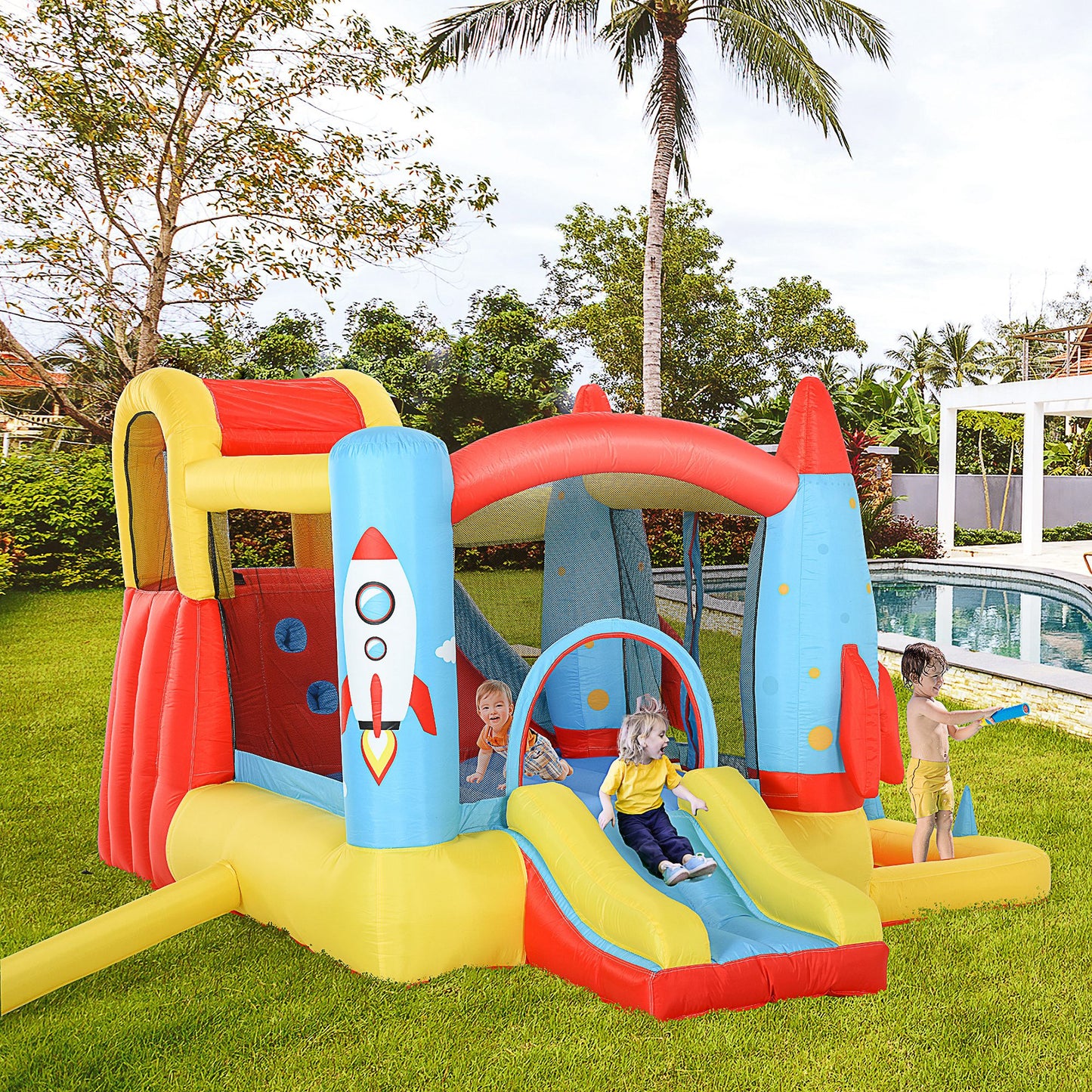 Kids Bounce House, 4-in-1 Rocket Inflatable Water Slide Jumping Castle With 2 Slides, Climbing Wall, Trampoline, & Water Pool Area, Air Blower