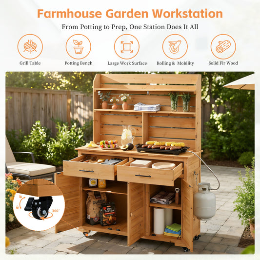 Assembly Video- TOPMAx 65 H Large Garden Potting Bench With Lockable Wheel And Storage Cabinet Wood Outdoor Kitchen Island Prep Cart With Hutch Top Drawers And Removal Shelves For Grilling Natural