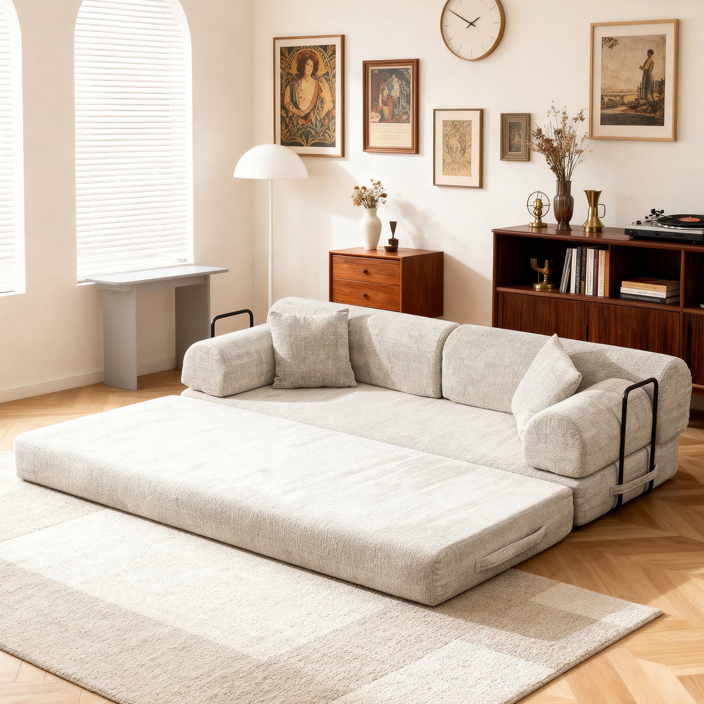 Convertible Sleeper Sofa Bed,two-tone Blended Boucle Fabric Folding Mattress Couch With Fixed-Shape Frame, Floor Sofa Lounge Couch For Living Room Bedroom Light