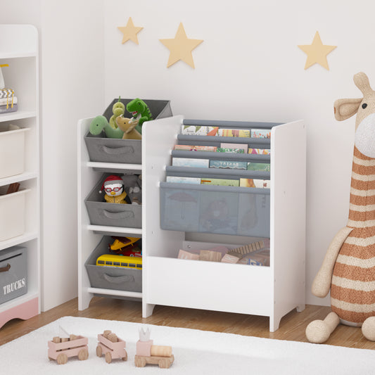 Kids Bookshelf And Toy Storage Organizer, Multifunctional 4 Tier Kids Book Shelf With 3 Collapsible Fabric Drawers, Children's Book Display In Room Playroom Nursery For Kids, Children, Toddlers