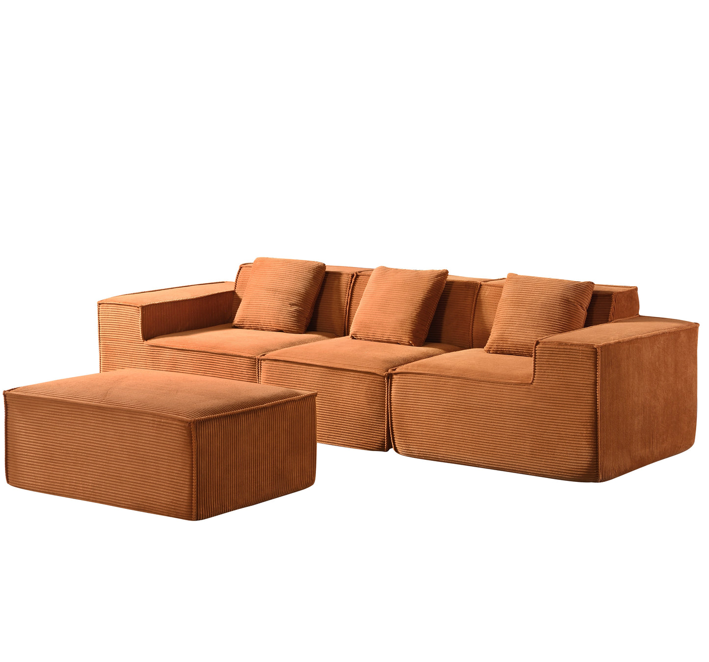CozyForm Convertible Corduroy Sectional Couch With Ottoman & Pillows, Modular L Shaped Sleeper Sofa, Boneless Cloud Couch For Living Room Furniture, Red Orange