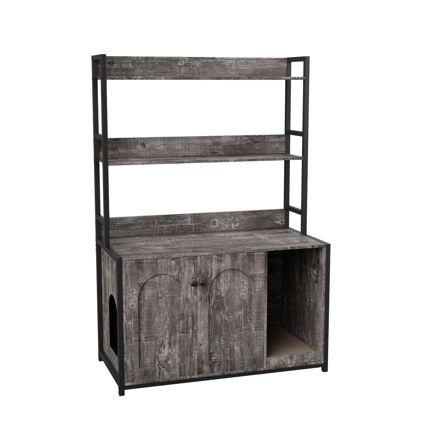 Large Cat Litter Box Enclosure With Shelf Storage, Hidden Cat Washroom Furniture, Wooden Cat House With Scratch Pad, Sturdy Indoor Cat Cabinet With 2 DoorsGrey