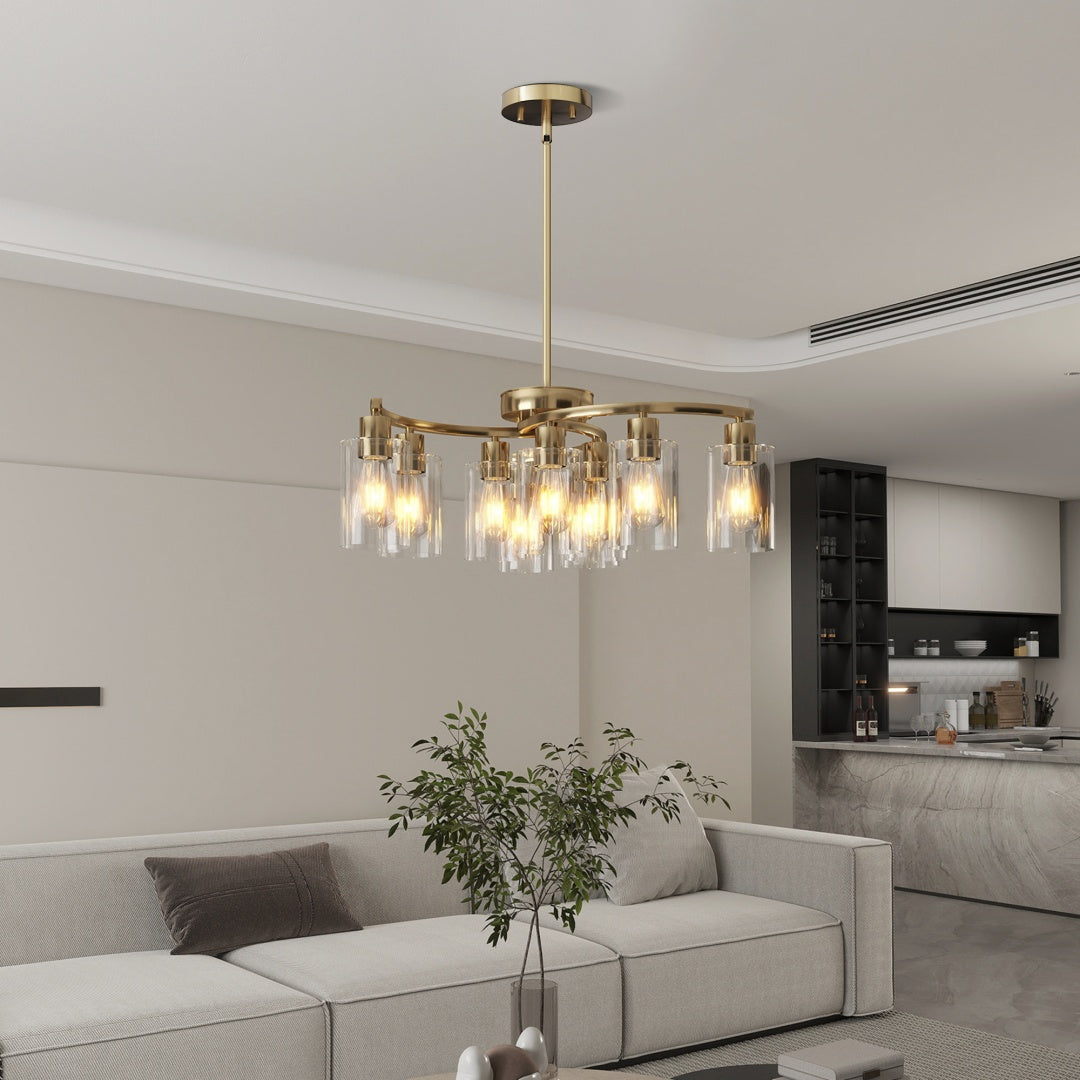 9-Light Gold Glass Chandelier, Adjustable Height Dining Room Light Fixtures Over Table, Contemporary Hanging Chandelier For Kitchen Island Living Room Foyer Office, Clear Glass Shade