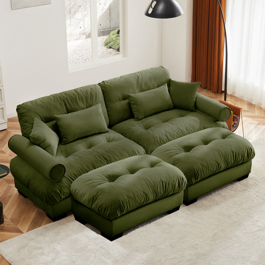 Over Size Modern Two-seater Sofa With Ottoman, Velvet 2-Seater With Round Bolster Armrests,With Waist Pillow And Throw Pillows, Reading Room Olive Green