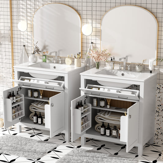 60 Modern White Bathroom Vanity Set With Double Vanities Separate , Double Ceramic Sinks, Adjustable Shelf, Soft Close Doors And Flip Drawer-Modern Bathroom Solution For Spacious Bathrooms