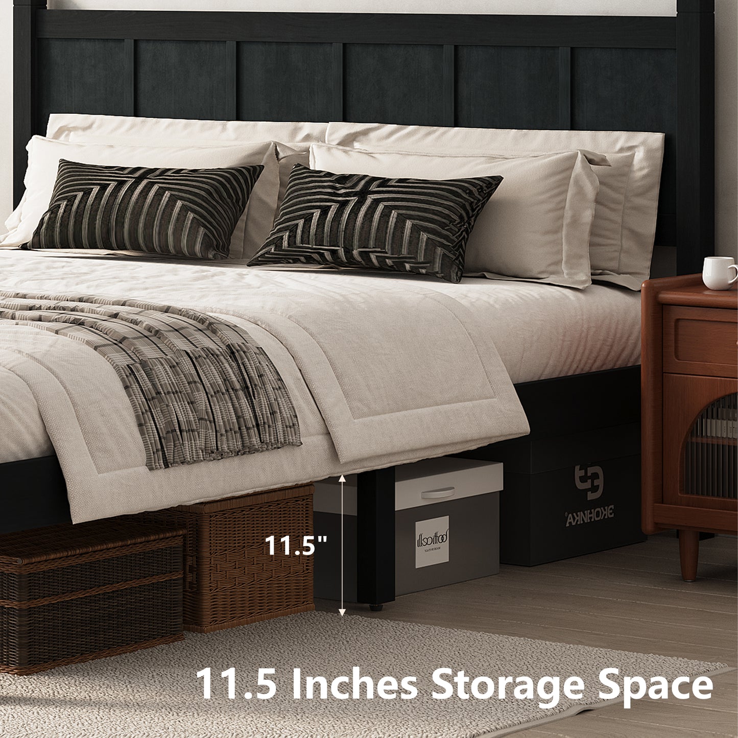 Queen Size Flat Panel Bed With Headboard & Footboard, Minimalist Modern Platform Bed With Wood Grain Finish, Shaker And Farmhouse Style Design, Sleek And Functional Bedroom Furniture,Black