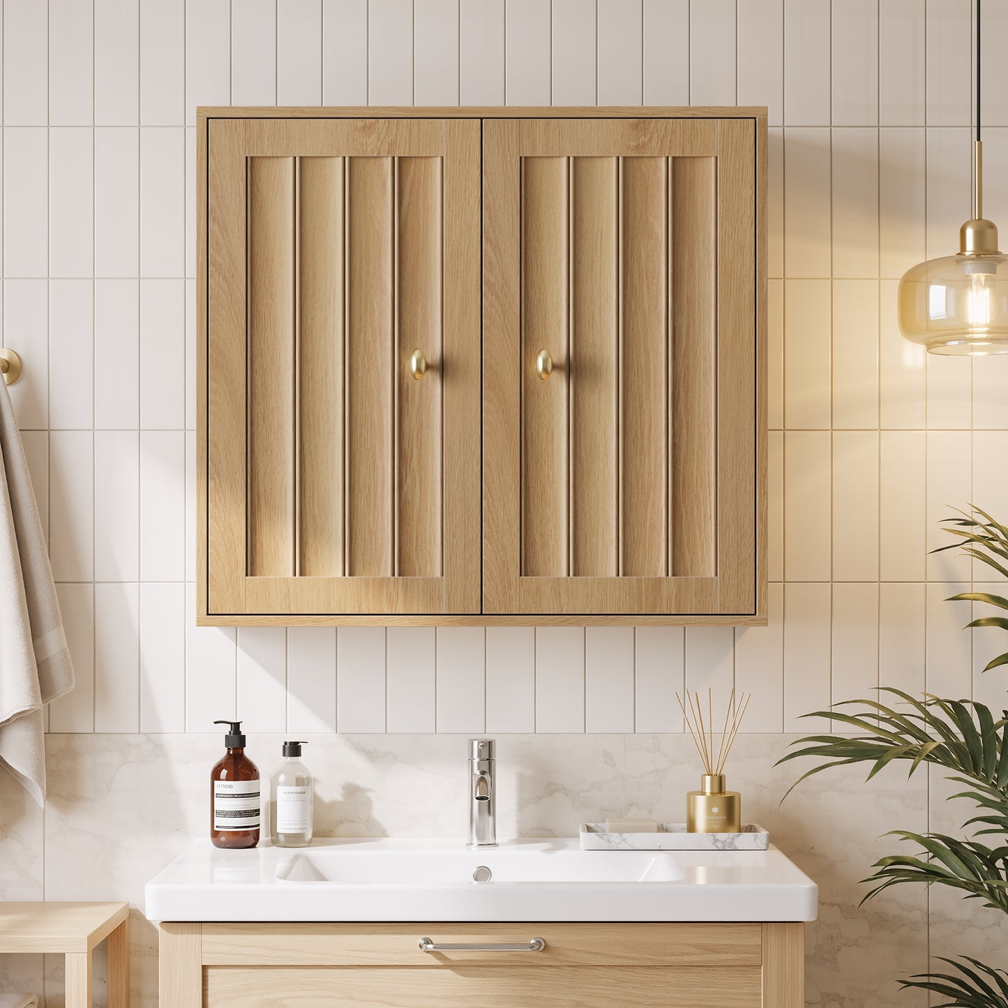 Wall-Mounted Bathroom Cabinet, Double-Door Medicine Cabinet With Vertical Grooved Design,Wall-Mounted Storage Cabinet For Bathrooms, Restrooms, And Hallways Oak