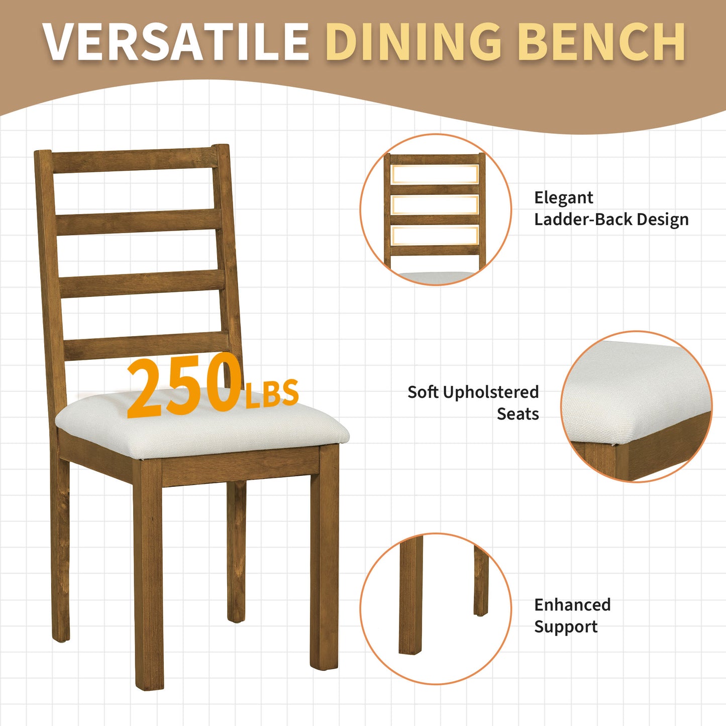 TOPMAX Farmhouse 6-Piece 60inch Extendable Pedestal Dining Table Set With 18inch Removable Leaf, 44inch Bench And 4 Ladder Back Dining Chairs, Dark Brown Beige OLD