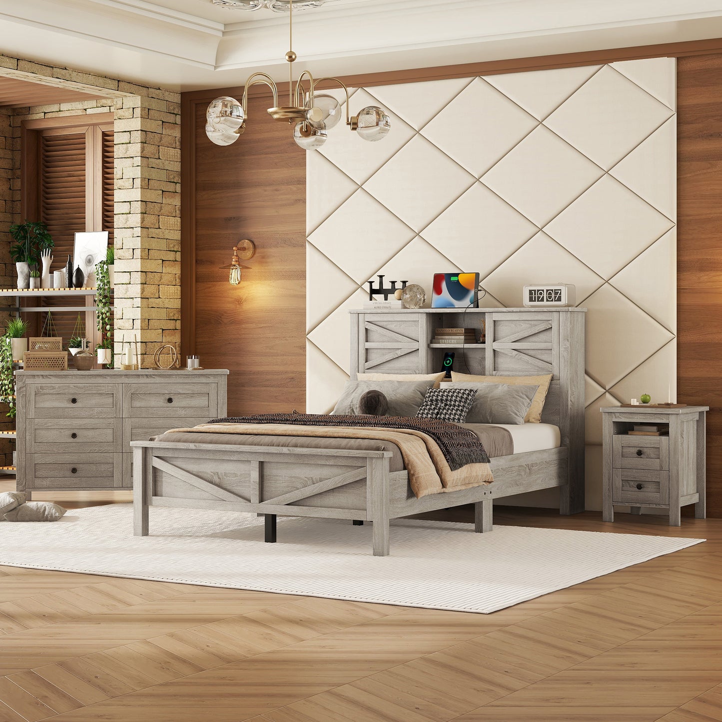 3-Pieces Bedroom Sets Full Size Farmhouse Platform Bed With Double Sliding Door Storage Headboard And Charging Station, Storage Nightstand And Dresser, Antique Gray Old SKU HL000091AAG