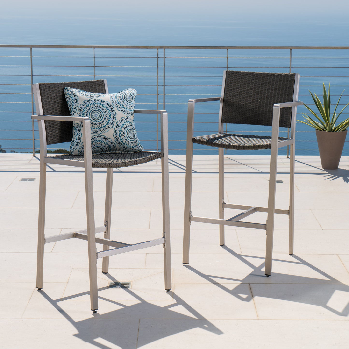 Outdoor 29.50 Rust-Proof Aluminum Barstools With PE Rattan Seat And Backrest, Set Of 2, Silver & Grey