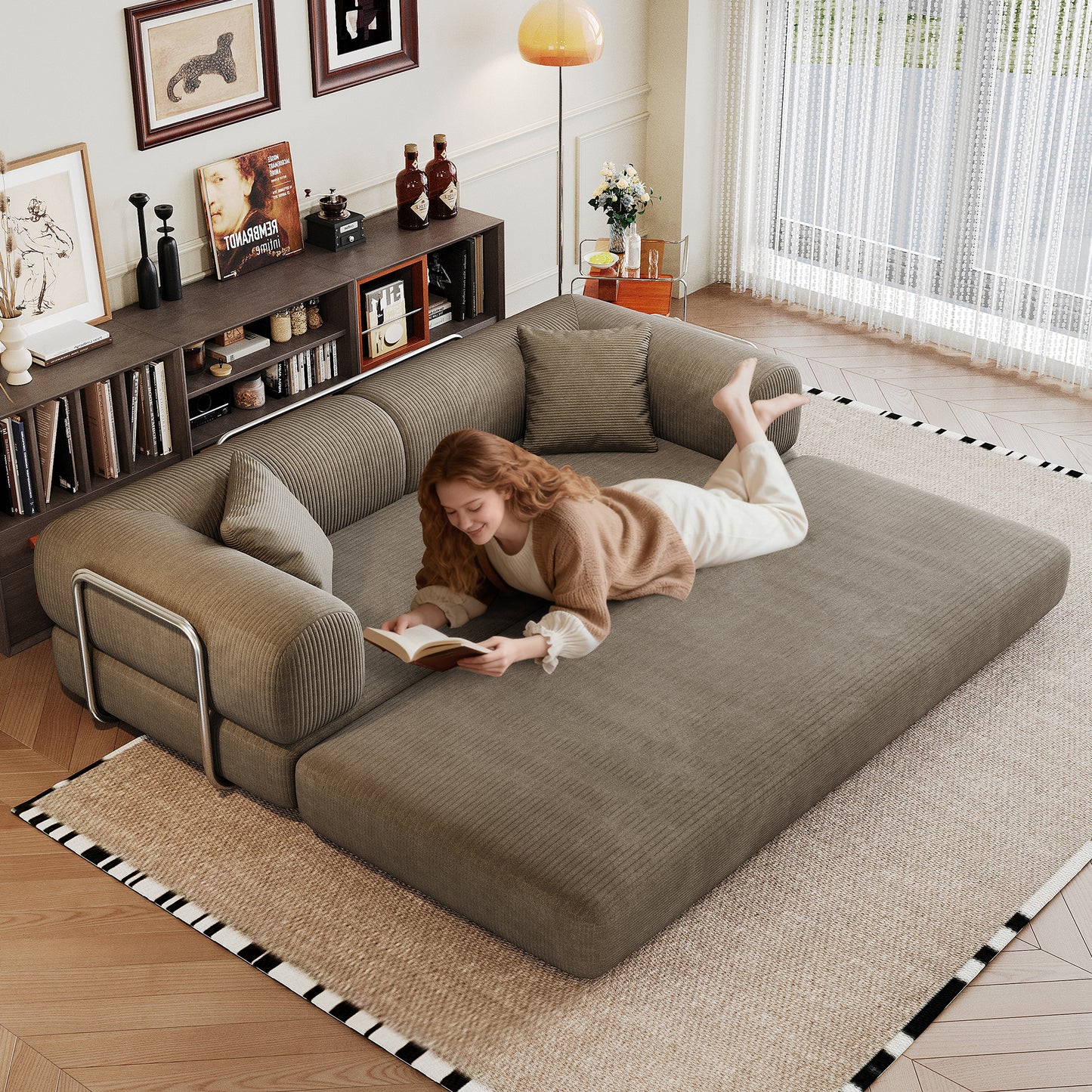78.8 Compression Sofa,Convertible Floor Sofa Bed-with Pillow Back Support Armrest,Comfy Futon Couch Sleeper Bed,Loveseats Boneless Modular Sectional Sofa,Corduroy Fabric,for Living Room,Bedroom,Camel