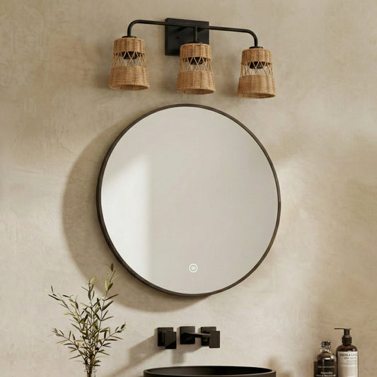 Moonlit Three Lights Wall Sconce With Rattan Shade, Bathroom Lighting Fixtures Over Mirror
