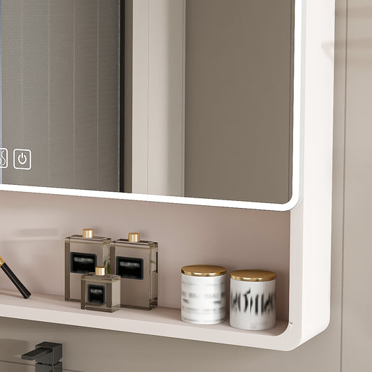 Aluminium Medicine Cabinet Mirror 35 X 28 Inches Medicine Cabinet With 3 Colors LED Light And Defogging Function Bathroom Mirror Cabinet With Cosmetic Storage Rack And Hair Dryer Holder Khaki