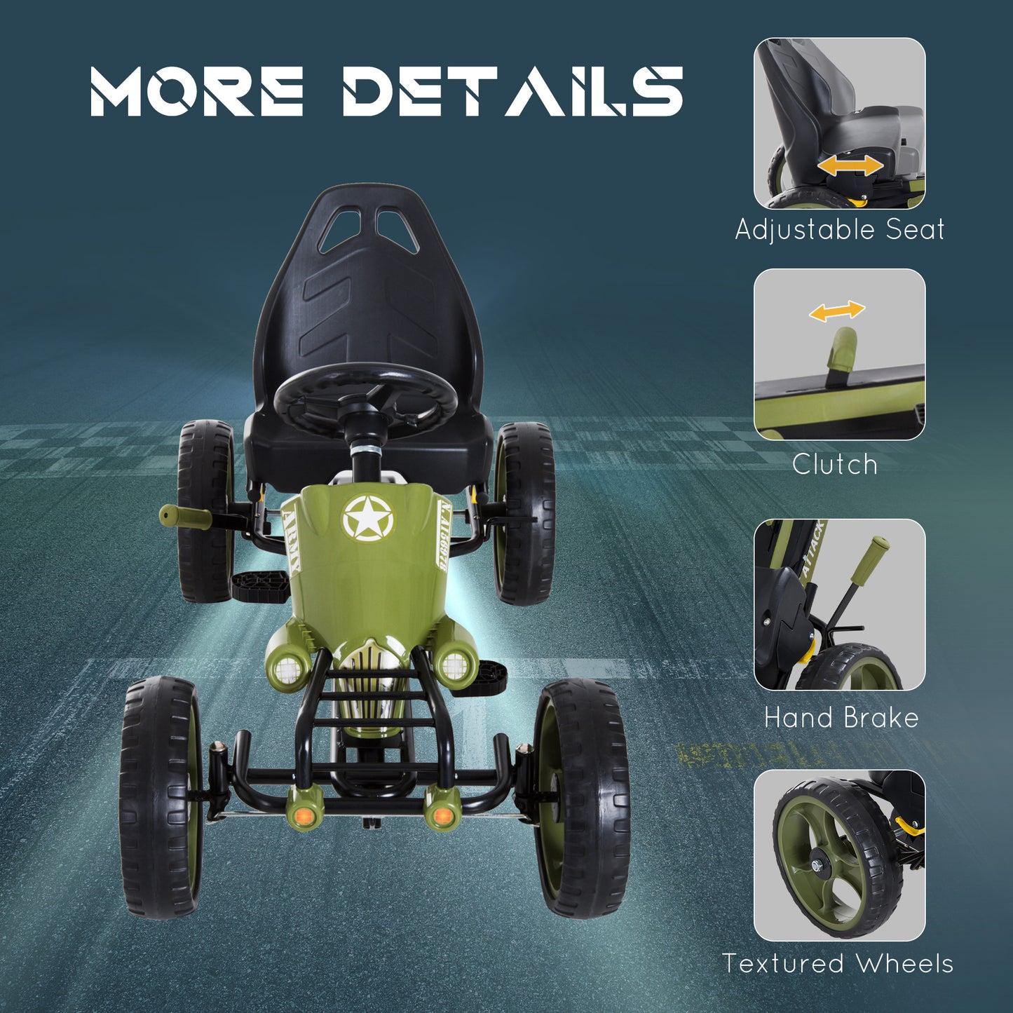 Pedal Go Kart For Kids With Adjustable Seat For 3-6 Year Old Boys And Girls, Green
