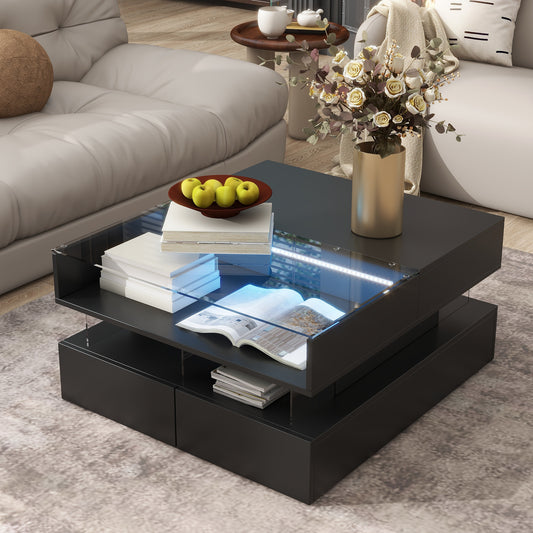 VIBE HAUS Lift-Top Coffee Table With 2 Drawers, Modern Square Coffee Table With Glass Top And High-Gloss Finish, Hidden Space And LED Lights For Living Room