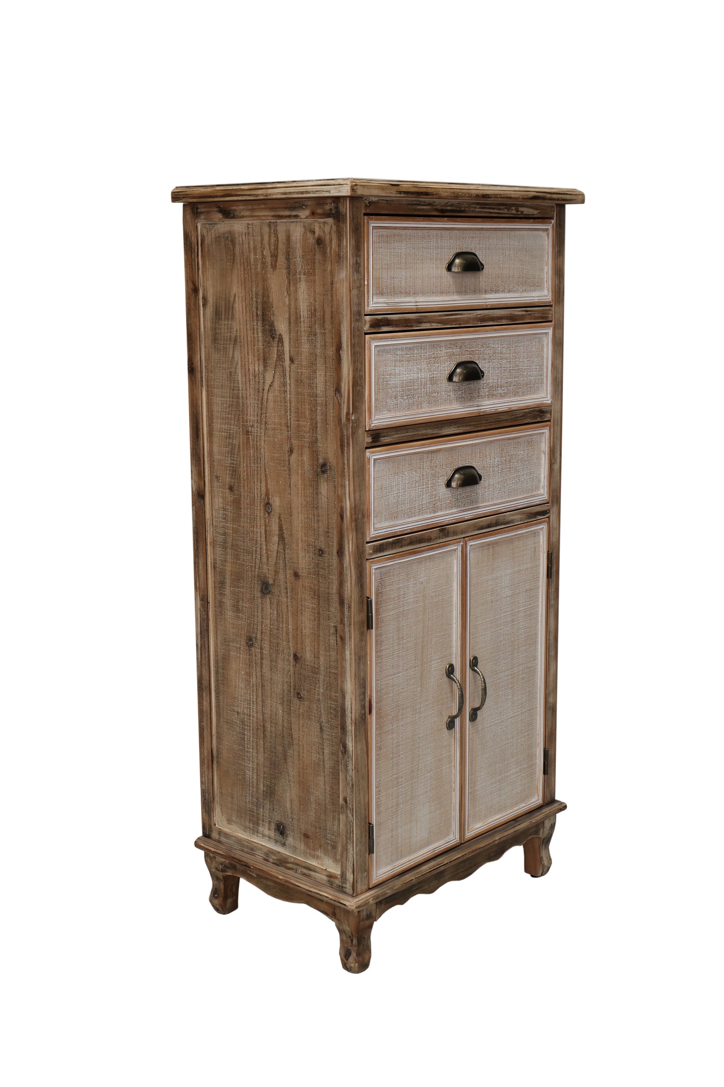 Rustic Wooden Storage Cabinet With Decorative Cutout Door & 3 Drawers, Tall Narrow Organizer For Living Room, Bedroom Antique White