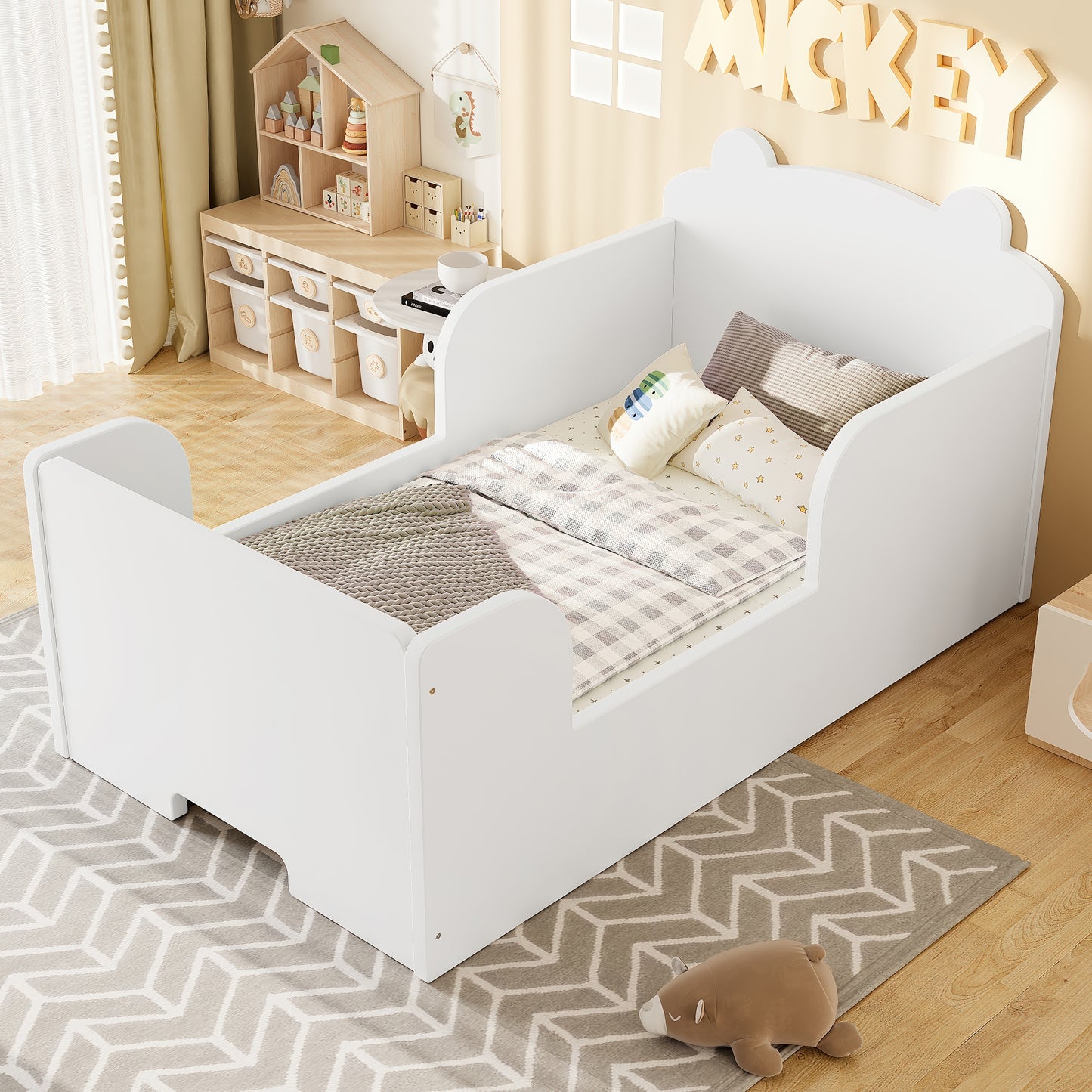 Toddler Floor Bed Frame, Cot Bed For Boys And Girls Ages 3-6, Bear Shape Toddler Bed, White