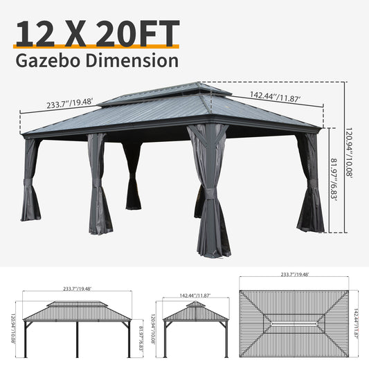 12 X 20 Hardtop Gazebo, Upgraded Metal Gazebo With Drainage System, Dual-Layer Galvanized Steel Roof, Curtain And Netting, Outdoor Shelter Canopy For Patio, Garden, And Backyard, Grey