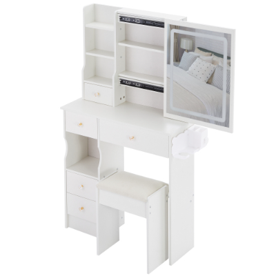 29.2 Small Size Left Drawer Desktop Vanity Table Cushioned Stool, 2 AC2 USB Power Station, Hair Dryer Bracket, Extra Large Touch Control Sliding LED Mirror, Tri-color Switching, Brightness Adjust