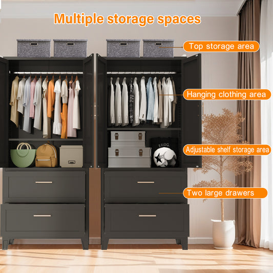71 Tall Metal Wardrobe Cabinet With 2 Drawers And Hanging Rod, 2 Doors Wardrobe Closet With Shelf For Bedroom, Office, Laundry Room,Entryway ,Foyer,Guesthouse Black