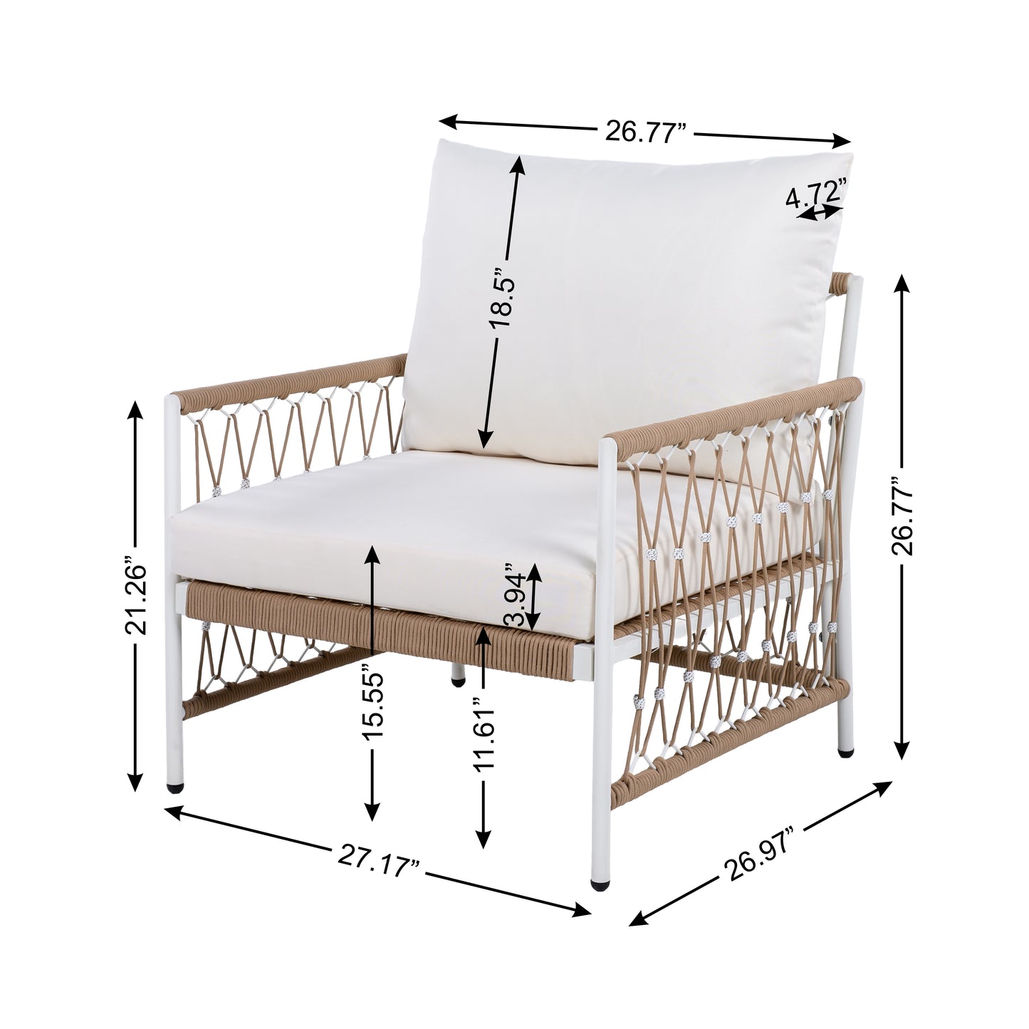 3-Piece Bohemian Outdoor Furniture Set With 2 Lounge Chairs & Glass Top Side Table - Handwoven Rope & Powder-Coated Steel Frame - Waterproof Cushions Patio Conversation Set For Garden, Poolside