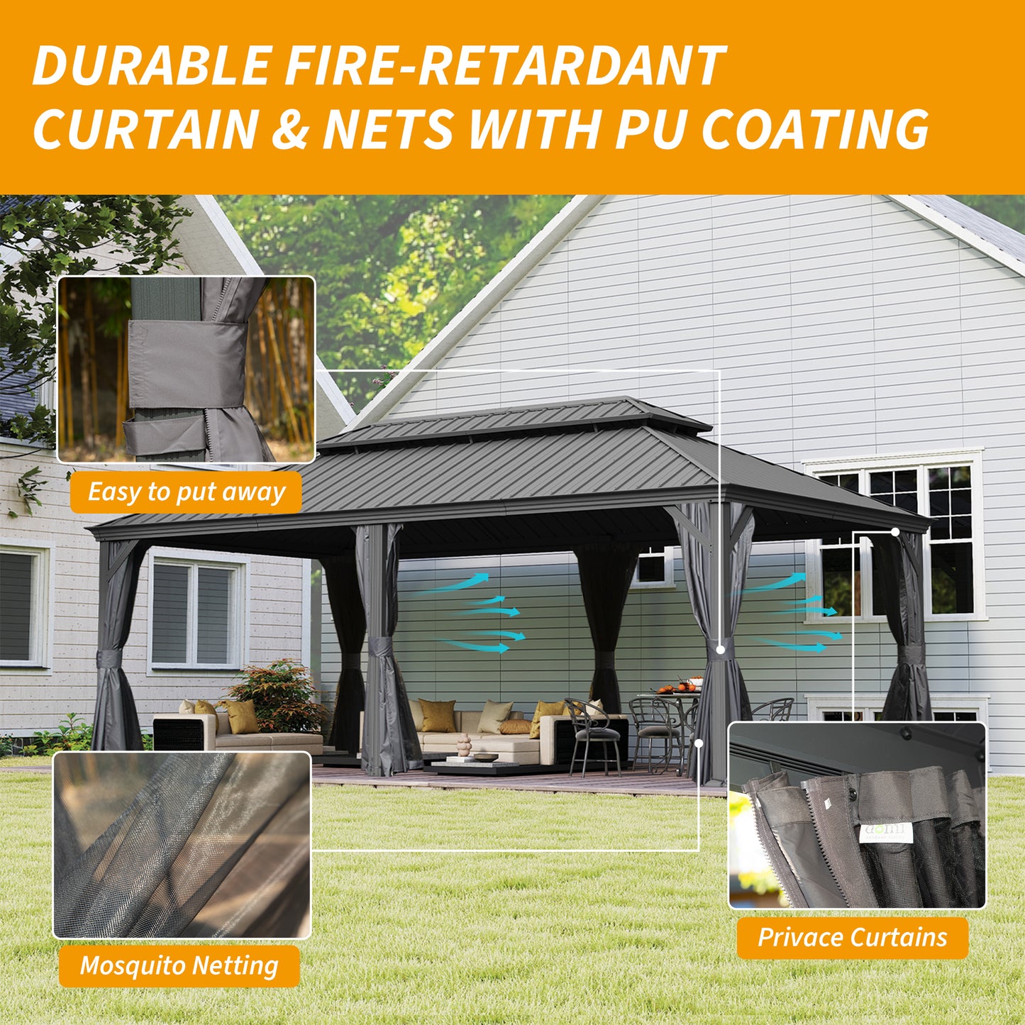 14 X 24 Hardtop Gazebo, Upgraded Metal Gazebo With Drainage System, Dual-Layer Galvanized Steel Roof, Curtain And Netting, Outdoor Shelter Canopy For Patio, Garden, And Backyard, Grey