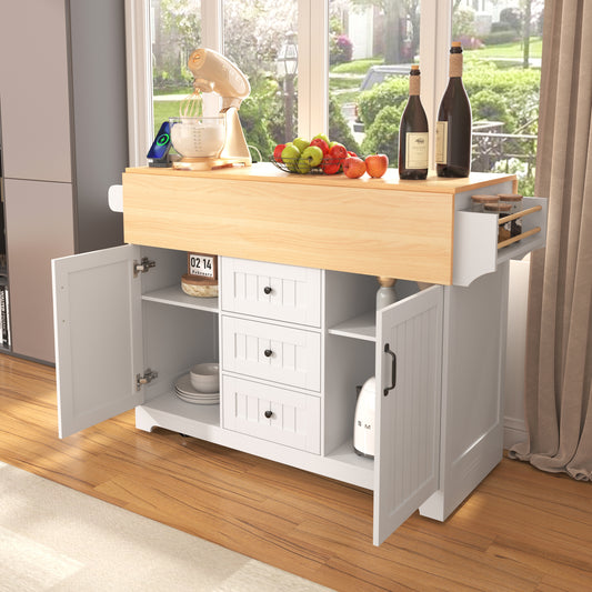 K&K 55.7 Large Kitchen Island With 2 Drop Leaf,, Rolling Kitchen Cart On 5 Wheels With Power Outlet, Folding Storage Dining Table With Spice & Towel Rack , 3 Drawers, For Kitchen, Dining Room,White
