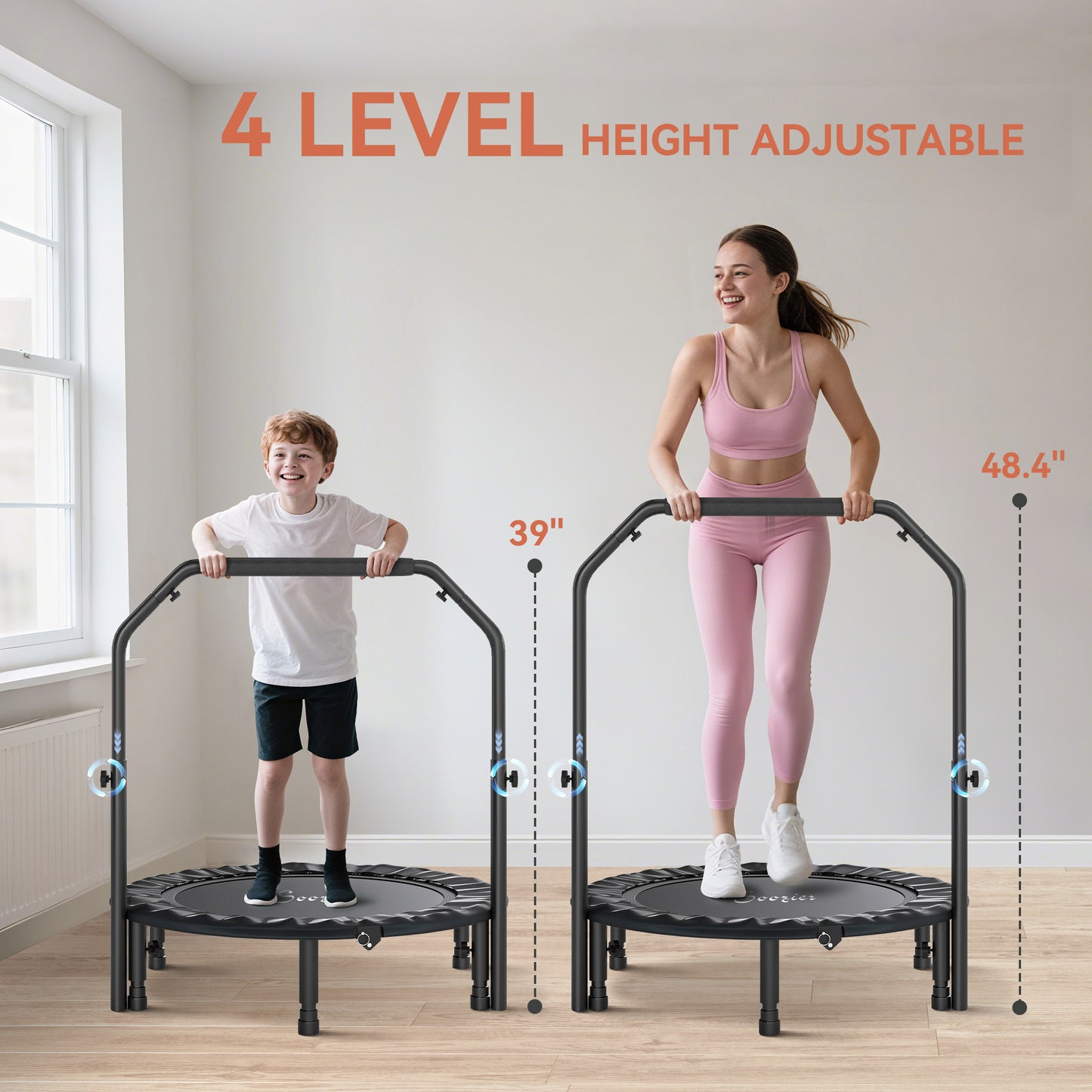 40" Foldable Mini Trampoline, Rebounder Trampoline For Adults With Adjustable Foam Handle, Black