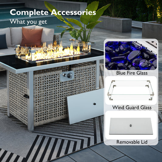 K&K 43 Propane Gas Fire Pit Table, 60000 BTU Rectangular Open Weave Wicker Fire Pit With Glass Wind Guard For Outside Patio Deck Garden Grey