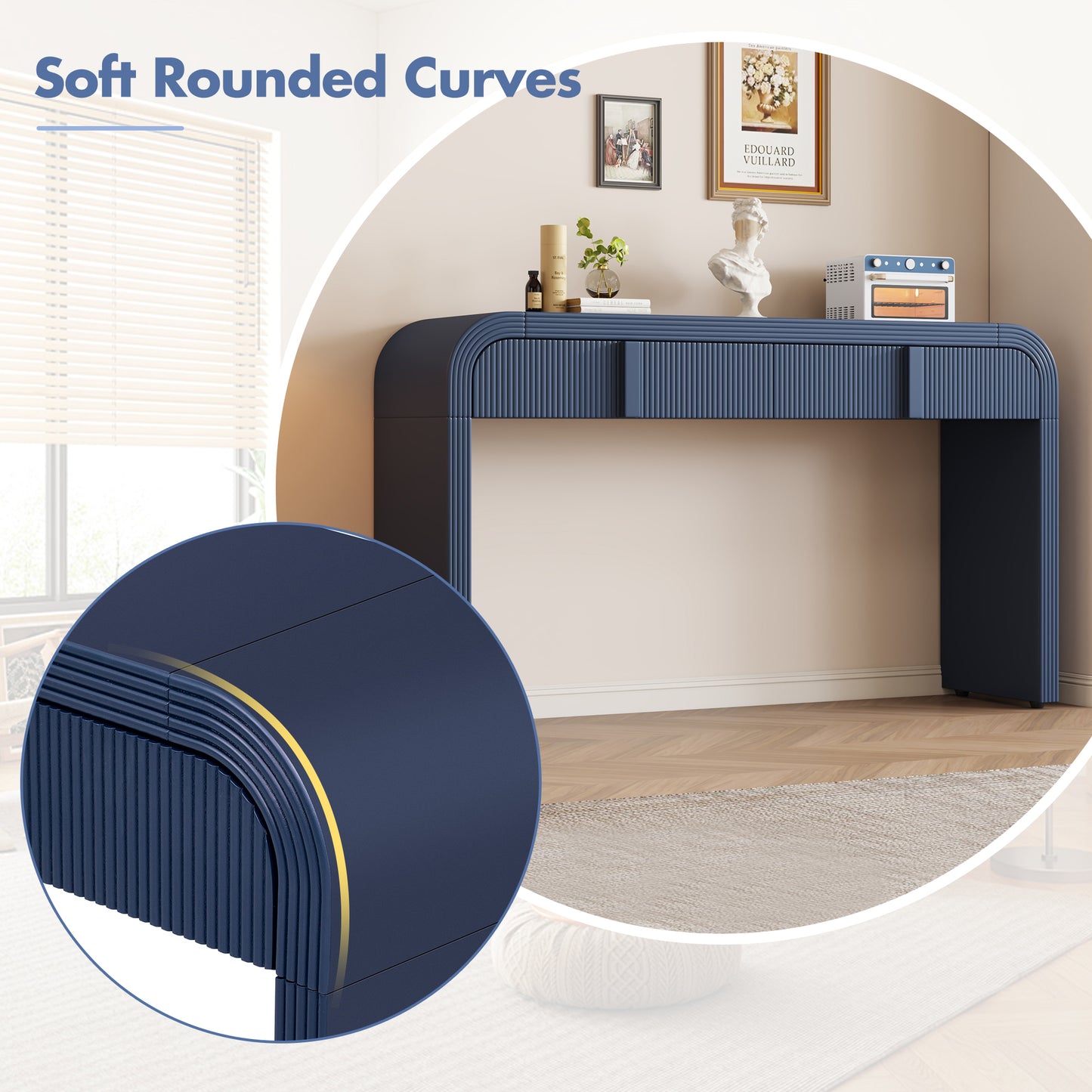 TREXM Modern Console Table With 2 Storage Drawers Fluted Entryway Table With Rounded Silhouette For Hallway Living Room And Entryway Navy Blue