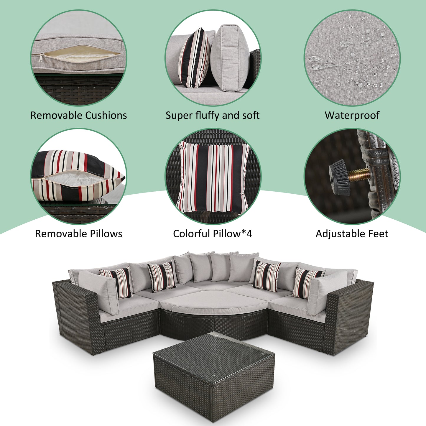GO 7-piece Outdoor Wicker Sofa Set, Rattan Sofa Lounger, With Colorful Pillows, Conversation Sofa, For Patio, Garden, Deck, Brown Wicker