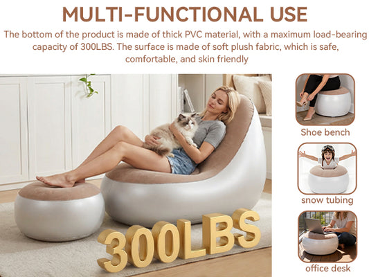 Inflatable Chair With Ottoman Flocked Water Proof Comfortable Blow Up Air Chair Brown