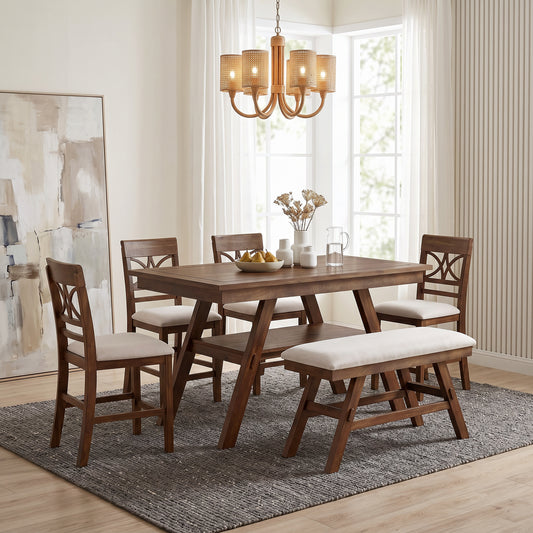 TOPMAX 6-Piece Wood Counter Height Dining Table Set With Storage Shelf, Kitchen Table Set With Bench And 4 Chairs,Rustic Style, Walnut Beige Cushion Old Sku N717S000257AAD