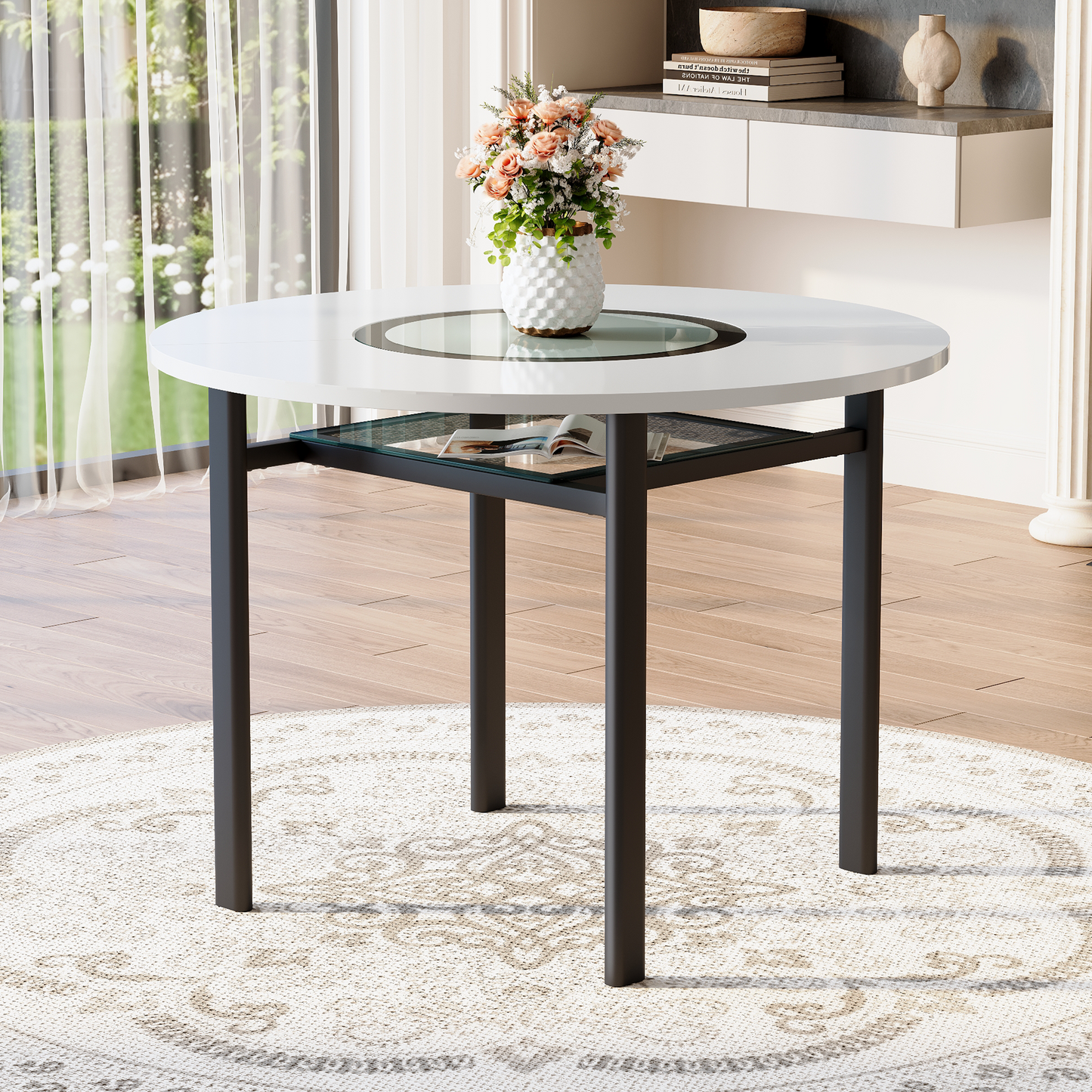 42 Inch Modern Minimalist White Desktop Round Dining Table Suitable For 4-6 People Gray Glass Inlay Metal Stable Bracket, Suitable For Multiple Scenarios .