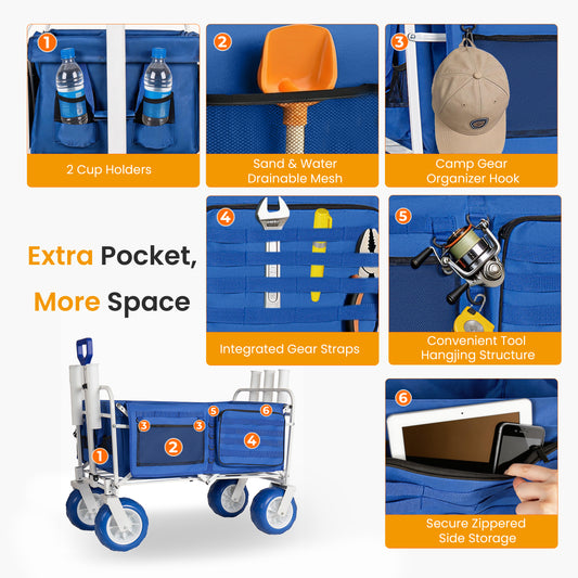 Beach Wagon Cart With Rod Holders And 9 All- Terrain Wheels 500lbs Heavy Duty Collapsible Folding Wagon Adjustable Handle Cooler & Storage Bags For Beach Camping Garden & Outdoor Sports Blue