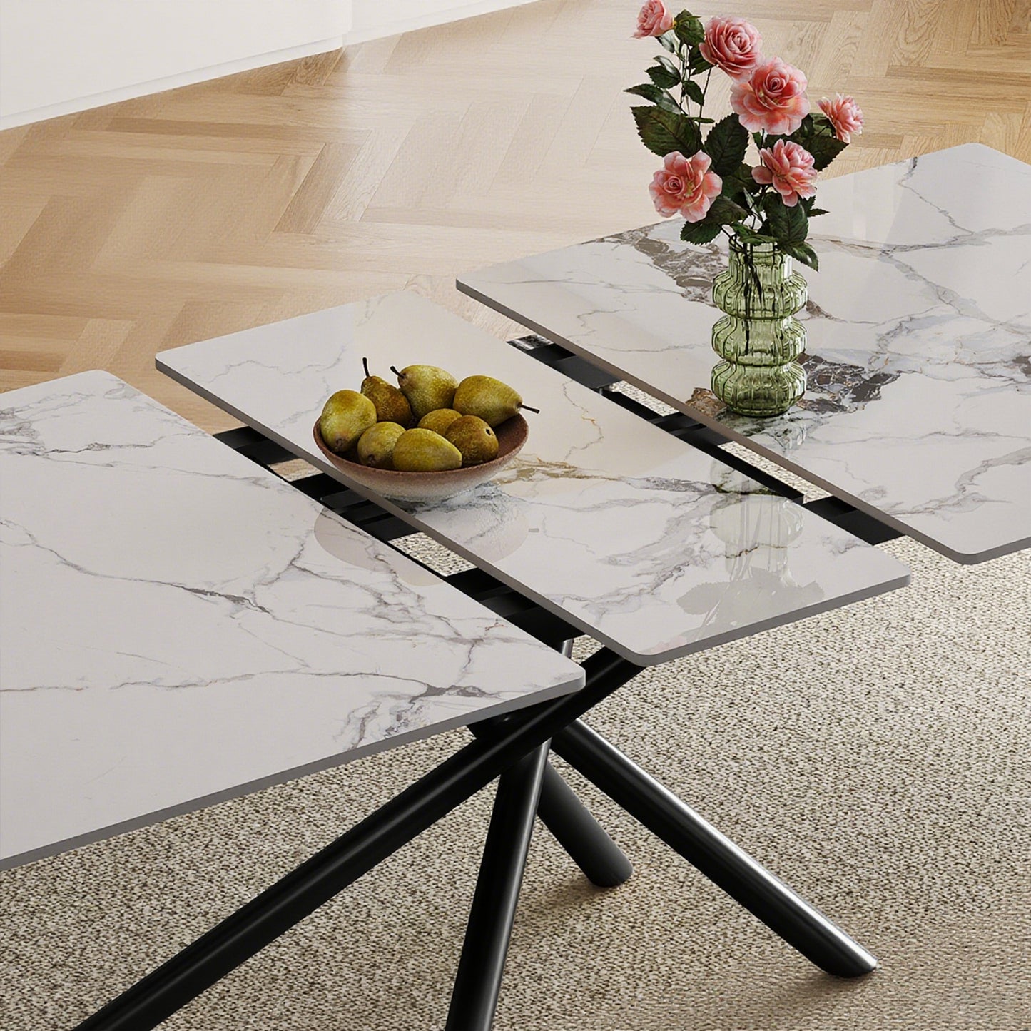 59-inch Modern Rectangle Expandable Dining Table With Retractable Leaf Sintered Stone Top & Black Carbon Steel X-Base Sturdy 4-6 Person Table For Small Apartments Kitchen Dining Room