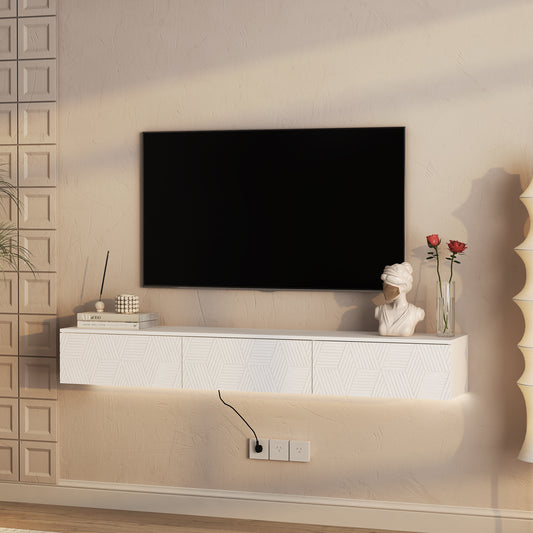 Floating TV Stand Wall Mounted With 16 Color LEDs,67 Modern TV Stand, Floating TV Cabinet Entertainment Center For 55 60 65 Inch TV,White