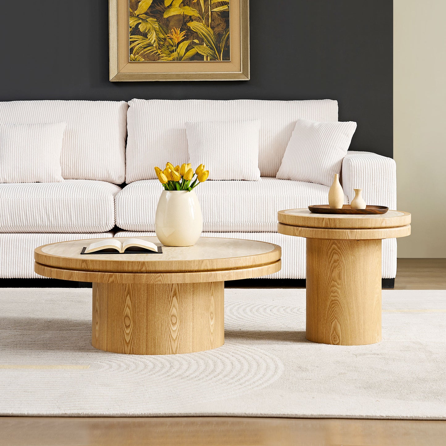 Set Of 19.49 35.43 MDF Round CoffeeTable Sintered Stone Tabletop For Living Room Apartment Reception Room NATURAL