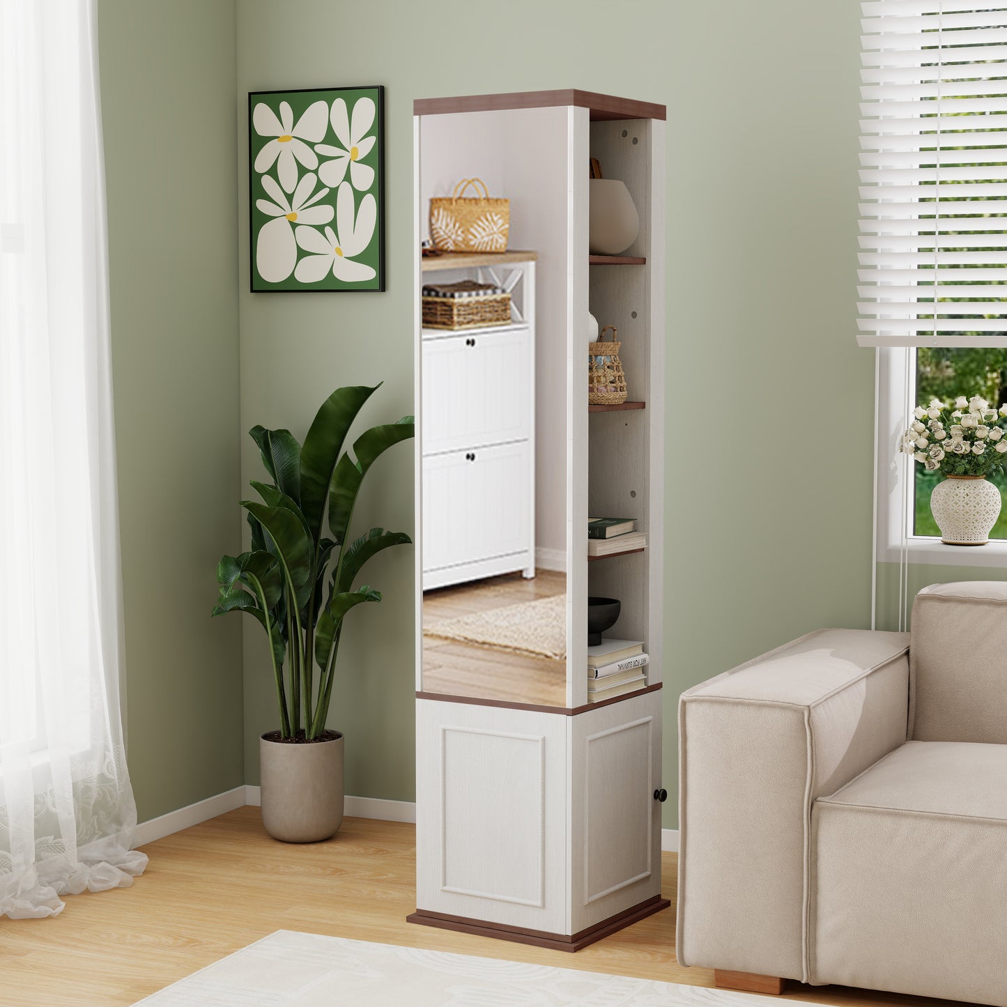 360 Rotating Storage Cabinet With Full-Length Mirror, Total Of 8 Open Shelves On Both Sides, One Side Hooks, 1 Door With A Shelve, For Living Room, Entryway, Bathroom-Antique White