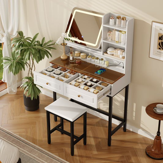 Makeup Vanity With LED Lighted Mirror, 360 Rotatable Mirror, Vanity Desk With 2 Drawers,Power Outlet And 3-Tier Shelves, Amber Glass Table Top, Dressing Table With Sturdy Metal Leg And Stool, White