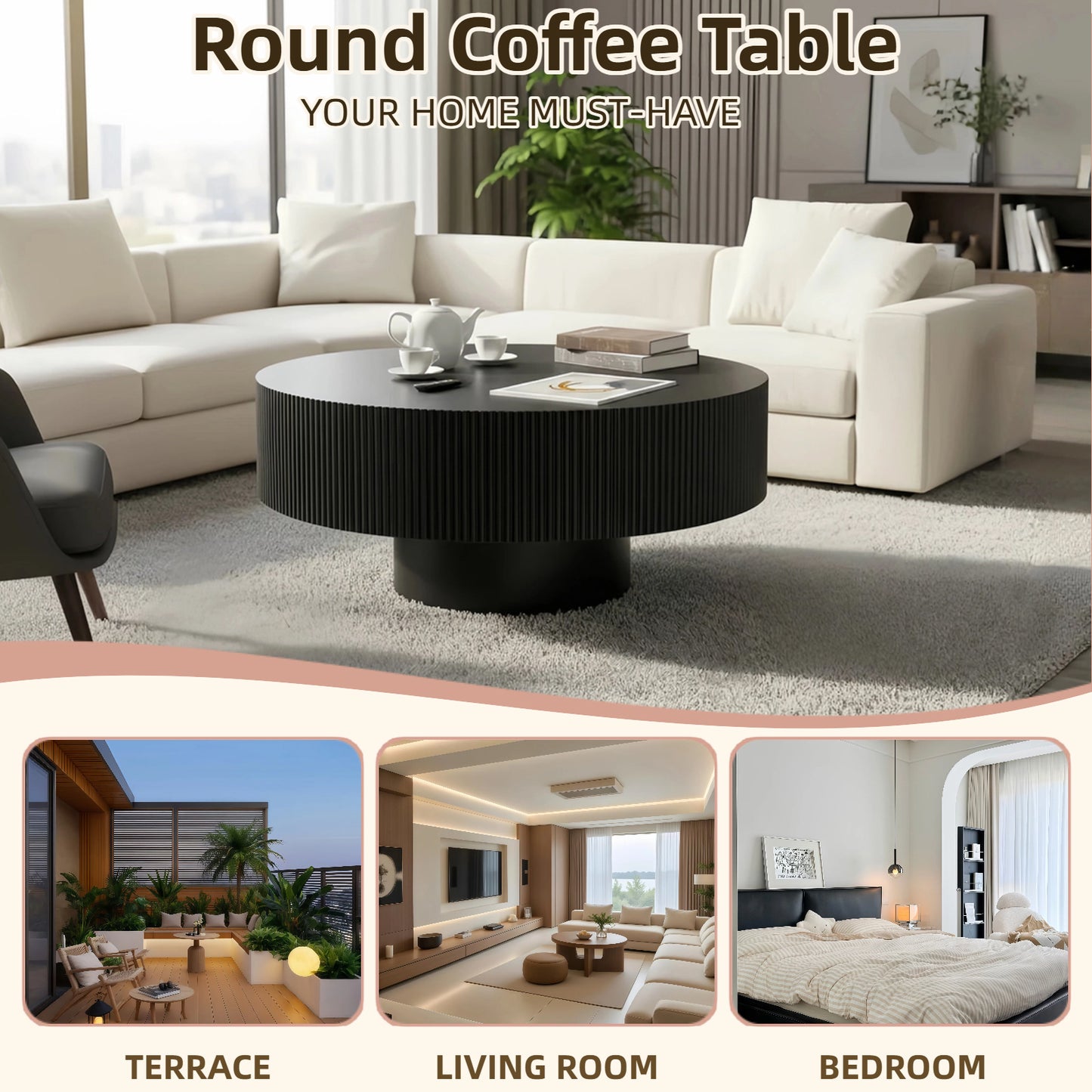 Round Coffee Table, Fluted Coffee Table With Sturdy Pedestal, Mid Century Modern Coffee Table For Living Room, Bedroom, Terrace, Office, Small Space Black Round Thick