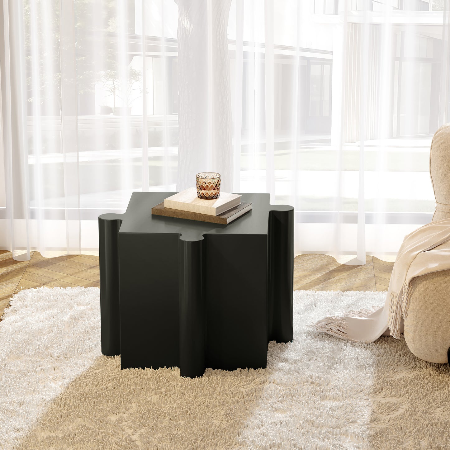 3-Piece Artistic Puzzle Table Set,Modular MGO Side Tables With Interlocking Design 2 Convex & 1 Concave , 200lb Capacity For Indoor & Outdoor,Black & White Color