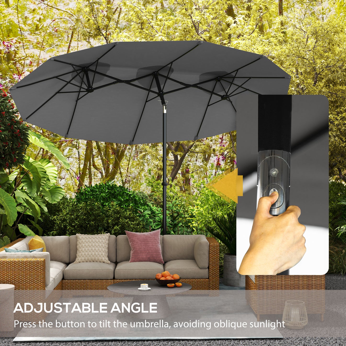 Double Sided Patio Umbrella, 9.7' Large Outdoor Market Umbrella With Push Button Tilt And Crank, 3 Air Vents And 12 Ribs, For Garden, Deck, Pool, Gray
