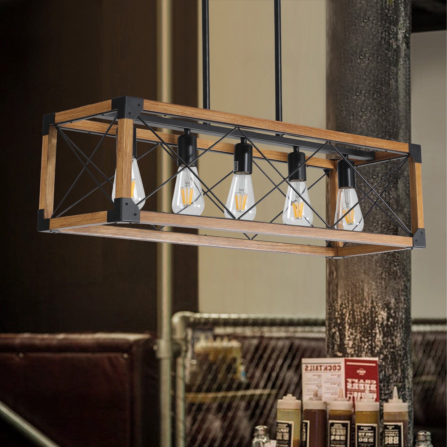 Same As W1340111207 L1011 32 Walnut Industrial Farmhouse Rectangle Pendant Light, 5-Light Chandelier For Dining Room, Kitchen Island, Cafe Decor No Bulbs